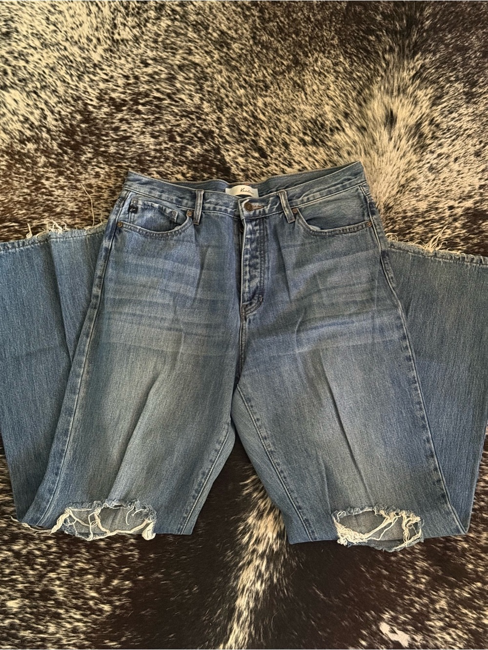 KanCan Light Blue High-Rise Wide Leg Jeans with Distressed Hem